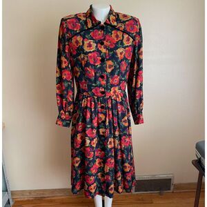 Vintage S.G.Gilbert Size 12 Dark Floral Dress Orange Long Sleeve Velvet Buttons